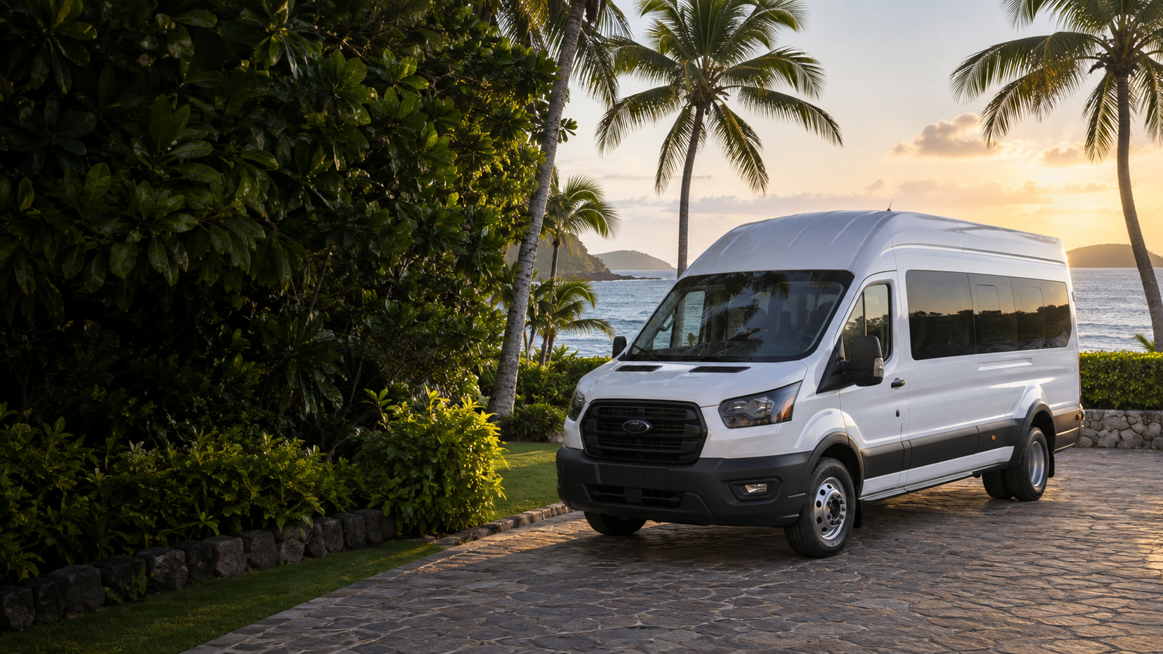 Illustration of a white high-roof Transit passenger van beside a tropical resort driveway